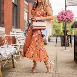 Universal Thread Burnt Orange & Pink Flutter Sleeve Fit & Flare Midi